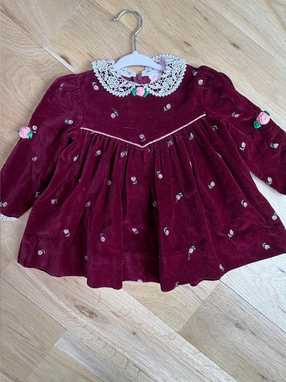 Vintage Burgundy Velvet Floral Dress Lace Collar Stunning Embroidered 2T
